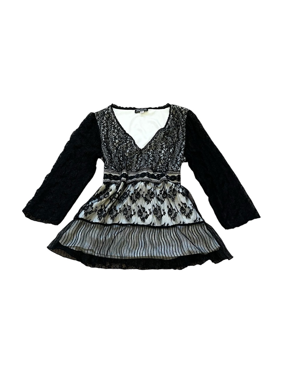 Vintage Black Lace Mesh Babydoll Top Sheer Sleeves Tie Back Y2K Goth Dark Fairy